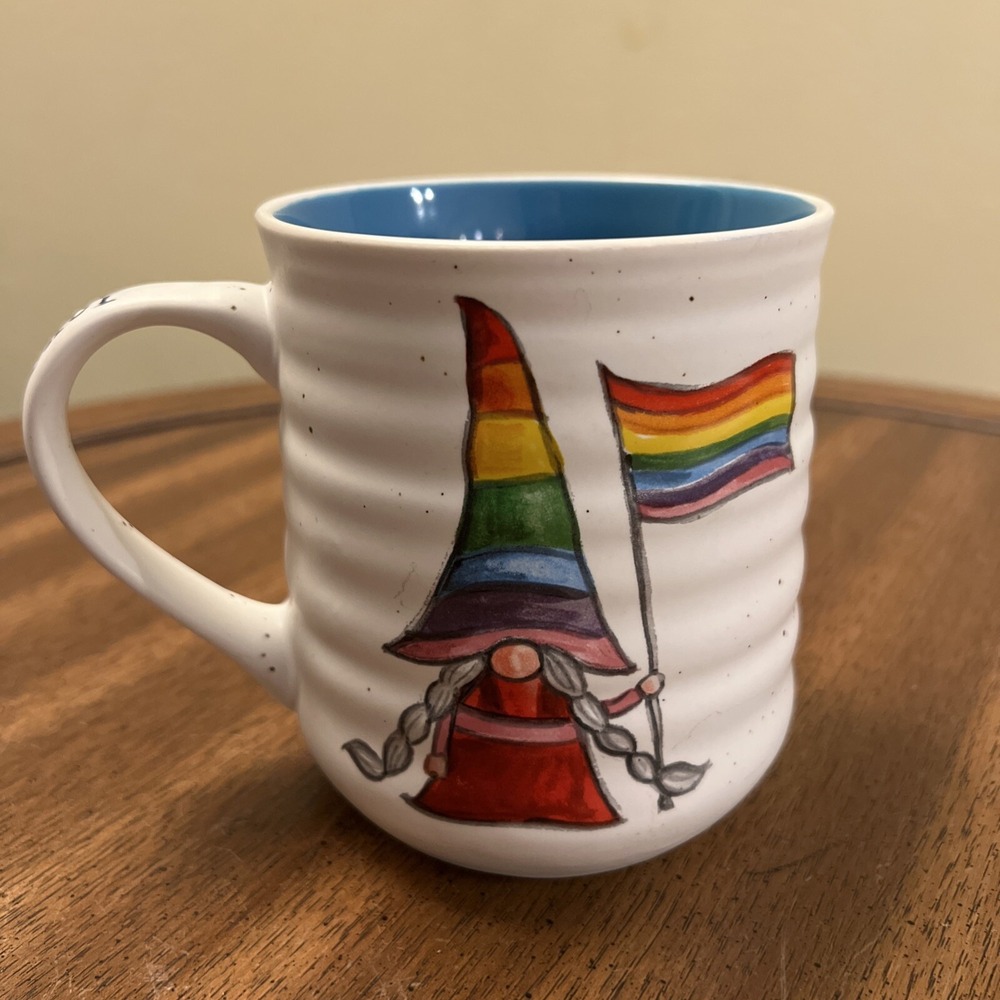 " LOVE WINS" Sheffield Home Rainbow Coffee Mug PRIDE Month Gnome w Braids 20 oz